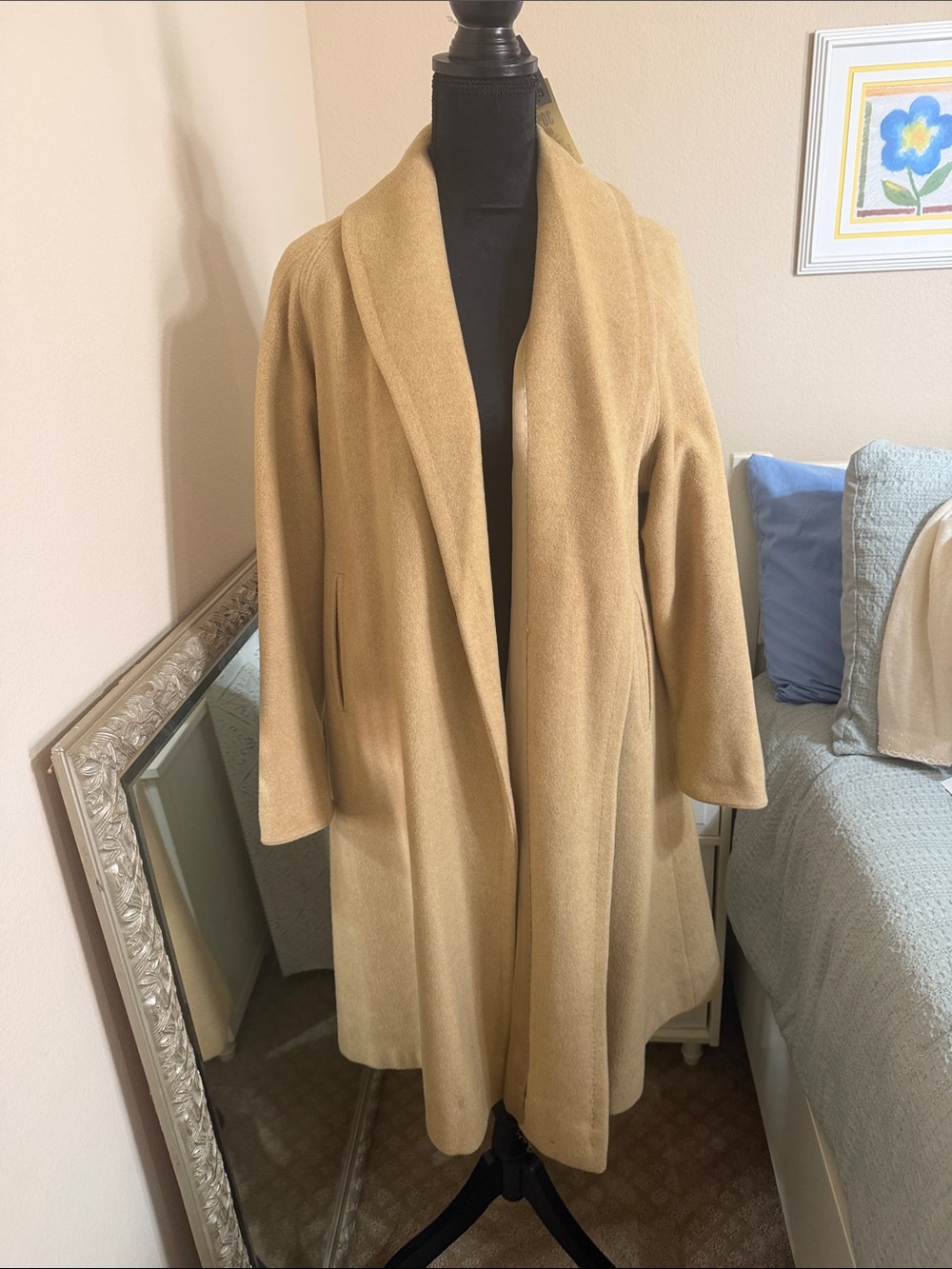 Womens Camel Shawl Collar Coatigan Sweater